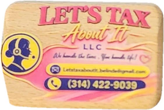 Wooden keychain printed with the Let's Tax About It LLC logo, name, email and phone number