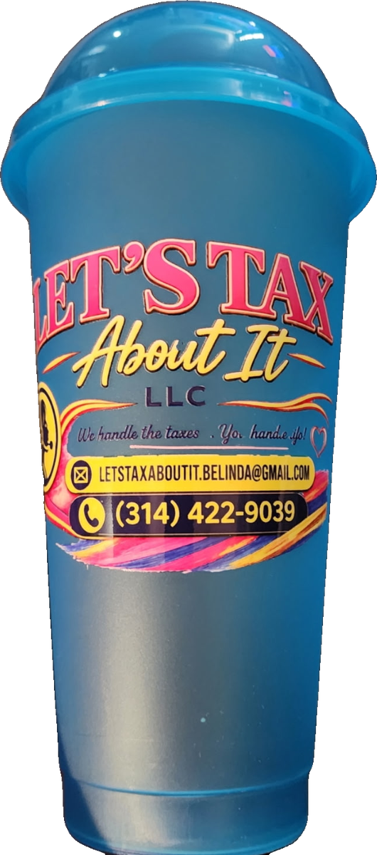 Blue tumbler cup printed with the Let's Tax About It LLC logo and contact information